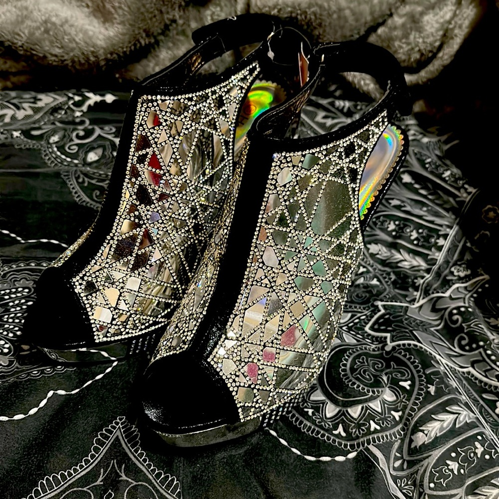 Black/silver heels with rhinestones